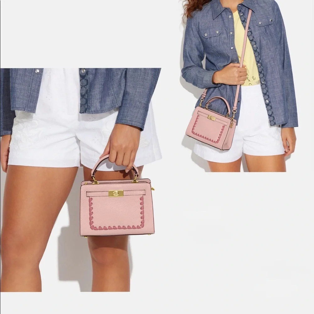 SALE🔥COACH MINI LANE TOP HANDLE WITH‎ WHIPSTITCH GOLD/PINK LEATHER SHOULDER BAG